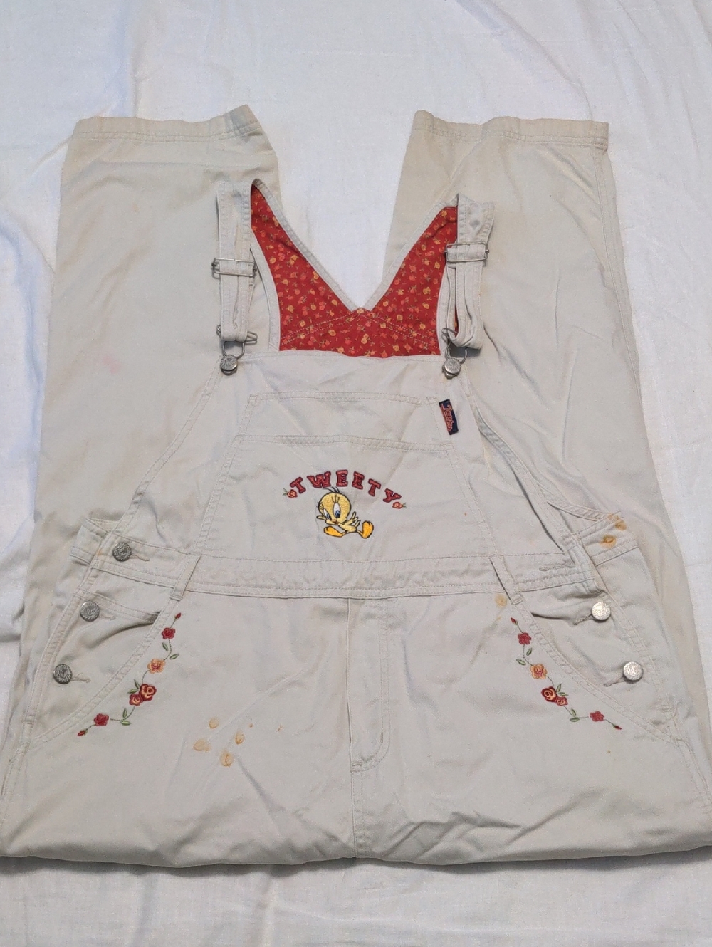 Looney Tunes Vintage Cream Colored Embroidered Overalls Size 18/20